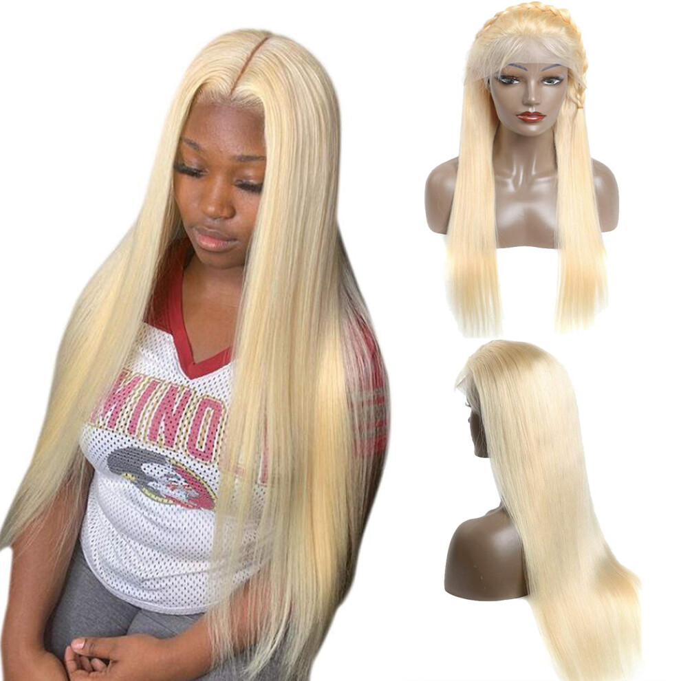 Unisex 613 Blonde Human Hair Lace Front Wig 20 Inch Straight Brazilian Remy Pre Plucked Bleached Knots