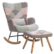 (Blue Brown Green) Patchwork Rocking Chair with Ottoman & Pillow Multicolour Wingback Accent Chair