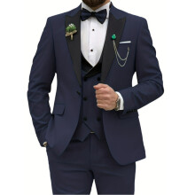 (navy blue, L) Slim Fit pánské obleky 3 kusy Dvouřadý oblek Muži Svatební Ples Party Business Blazer Vesta a kalhoty