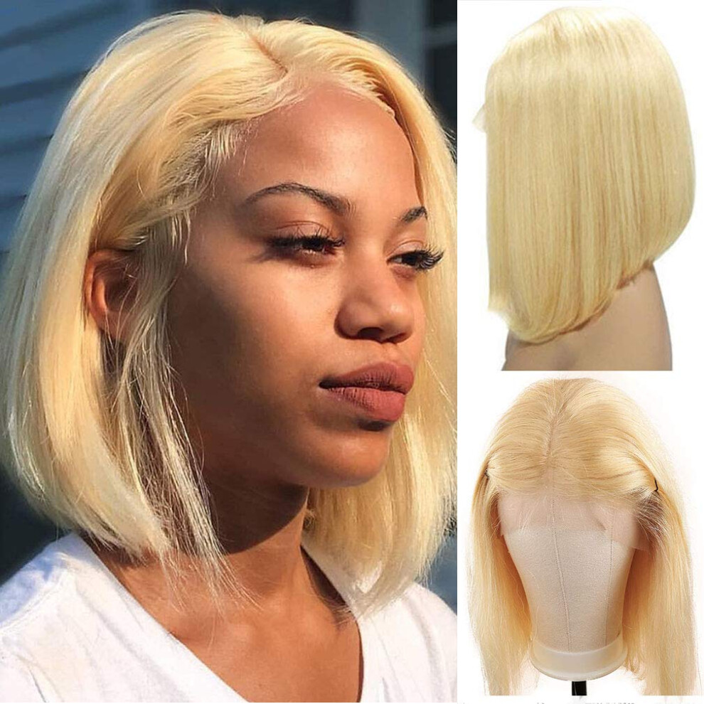Unisex 613 Blonde Bob Wig Human Hair Lace Front 8 Inch Pre Plucked Glueless Swiss Lace Density