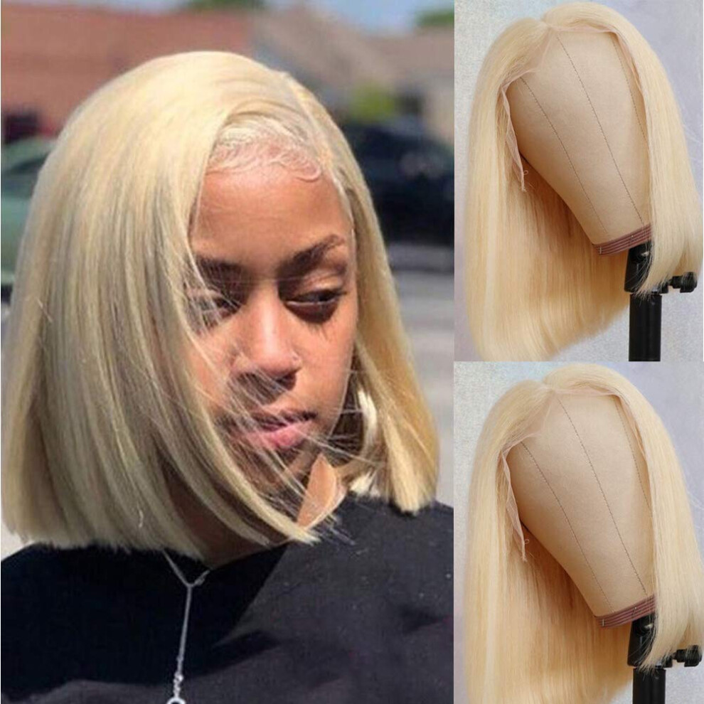 Unisex 613 Blonde Bob Wig Human Hair Lace Front Glueless Brazilian Virgin Straight Middle Part 10 Inch