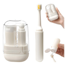 3 in 1 Travel Toiletries Set with Toothpaste Dispenser, Foldable LeakProof Toothbrush and Cup Kit Beige