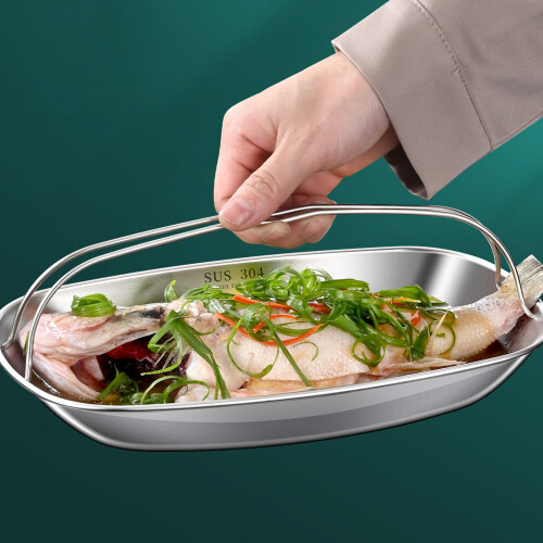 Stainless Steel Steaming Plate with Double Handle Fish Serving 1