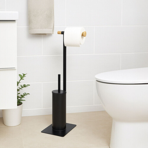 Toiletbørste- og papirholdersæt i bambus og stål 2