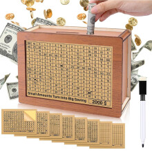 Wooden Piggy Bank with Savings Goal Tracker for Adults and Kids, Amount Money Box Gift