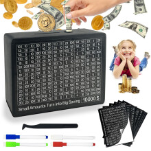Wooden Money Saving Box with Counter, Black Cash Saver Vault, Clear Savings Targets for Adults and Kids