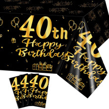 40th Birthday Tablecloth 3 Pack Black and Gold Waterproof Disposable Table Cover 54x108 Inch Decor