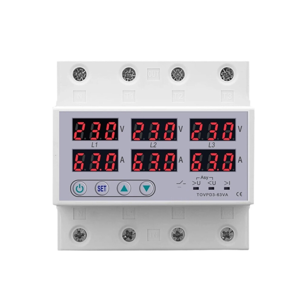 Three Phase Monitoring Relay 63A 3P+N Adjustable Voltage Protection Din Rail Voltmeter Ammeter 9351714693332