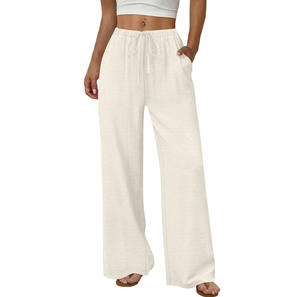 Women's Wide Leg Pants Flowy Drawstring Elastic Waist-Apricot M