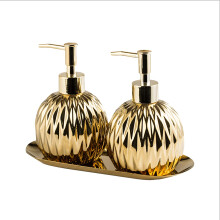 Gold Ceramic Soap Dispenser Set for Bathroom, 14Oz Embossed Rhombus Hand Soap and Lotion Bottles