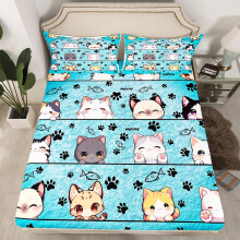 Cute Kitten Fitted Sheet Set for Twin Mattress, Light Blue Cartoon Cat Bedding for Kids and Teens