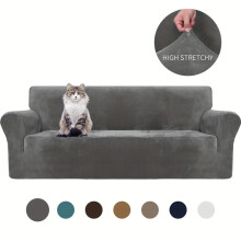 (Grey, 3-seater Sofa) Upgraded Thick Velvet Stretch Sofa Cover, 360 Full Wrap Sofa Protector, Suitable for Armrest Combination