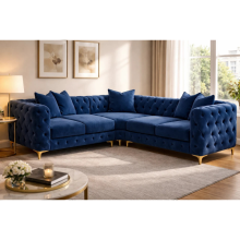 (Blue Velvet, 5 Seater Corner) Chesterfield Monaco Corner Sofa Velvet Couch Longue Settee 5 & 6 Seater Corner