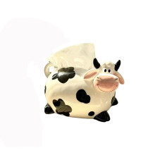 Ceramic Cow Tissue Box Holder with Cute Cow Design, Dual Storage and Dustproof Cover for Bathroom Decor