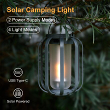 (Black) 2025 New Solar Flame Camping Lantern Outdoor Decorative Hanging Light Garden Decor Tripod Atmosphere Lamp