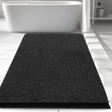 Black Bathroom Rug 17x24 Non Slip Washable Bath Mat with Quick Dry Soft Chenille for Small Spaces
