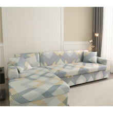 (Geometric Blue And Yellow, 3 3 Seater L-Shaped Sofa Cover 2 Pillow Covers) Luxury Milk Velvet 5D Printed L-Shaped Sofa Cover for 3 3 Seat, with