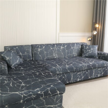 (Dark Blue, 3 3 Seater L-Shaped Sofa Cover 2 Pillow Covers) Luxury Milk Velvet 5D Printed L-Shaped Sofa Cover for 3 3 Seat, with