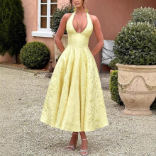 (Pink, S) 2026 V-Neck Halter Jacquard Evening Dress Elegant Backless Slim Fit