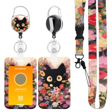 Cute Black Cat ID Badge Holder with Retractable Reel and Lanyard, Flower Keychain for Nurse Teacher Office