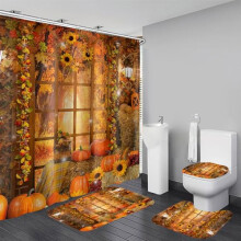 4 Piece Fall Bathroom Set Shower Curtain with Autumn Maple Design Waterproof PEVA Liner and Mats