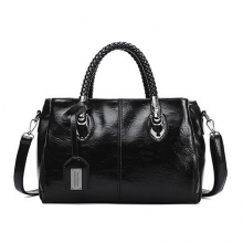 (Zwart) Leren Boston Bag voor dames, schoudertas, grote tas van zacht geolied en gewaxt leer.