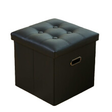 Black Foldable Storage Ottoman with Handles, Faux Leather Footrest Stool for Living Room Bedroom