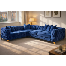 (Blue Velvet, 6 Seater Left Hand) Chesterfield Monaco Corner Sofa Velvet Couch Longue Settee 5 & 6 Seater Corner