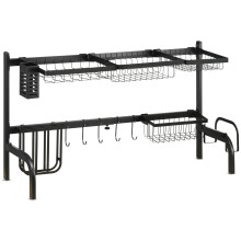 Adjustable Over Sink Dish Drying Rack 2 Tier Expandable Drainer Shelf Black Steel