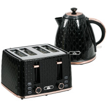 4 Slice Toaster and Kettle Set 1.7L Fast Boil Electric Jug & Toaster Combo Black Rose Gold