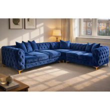 (Blue Velvet, 6 Seater Right Hand) Chesterfield Monaco Corner Sofa Velvet Couch Longue Settee 5 & 6 Seater Corner
