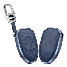 Car Key Fob Cover PU Leather Metal Key Case for Trumpchi GN8 GS8 GM6 GM8 Blue 4 Button 360 Full Protection