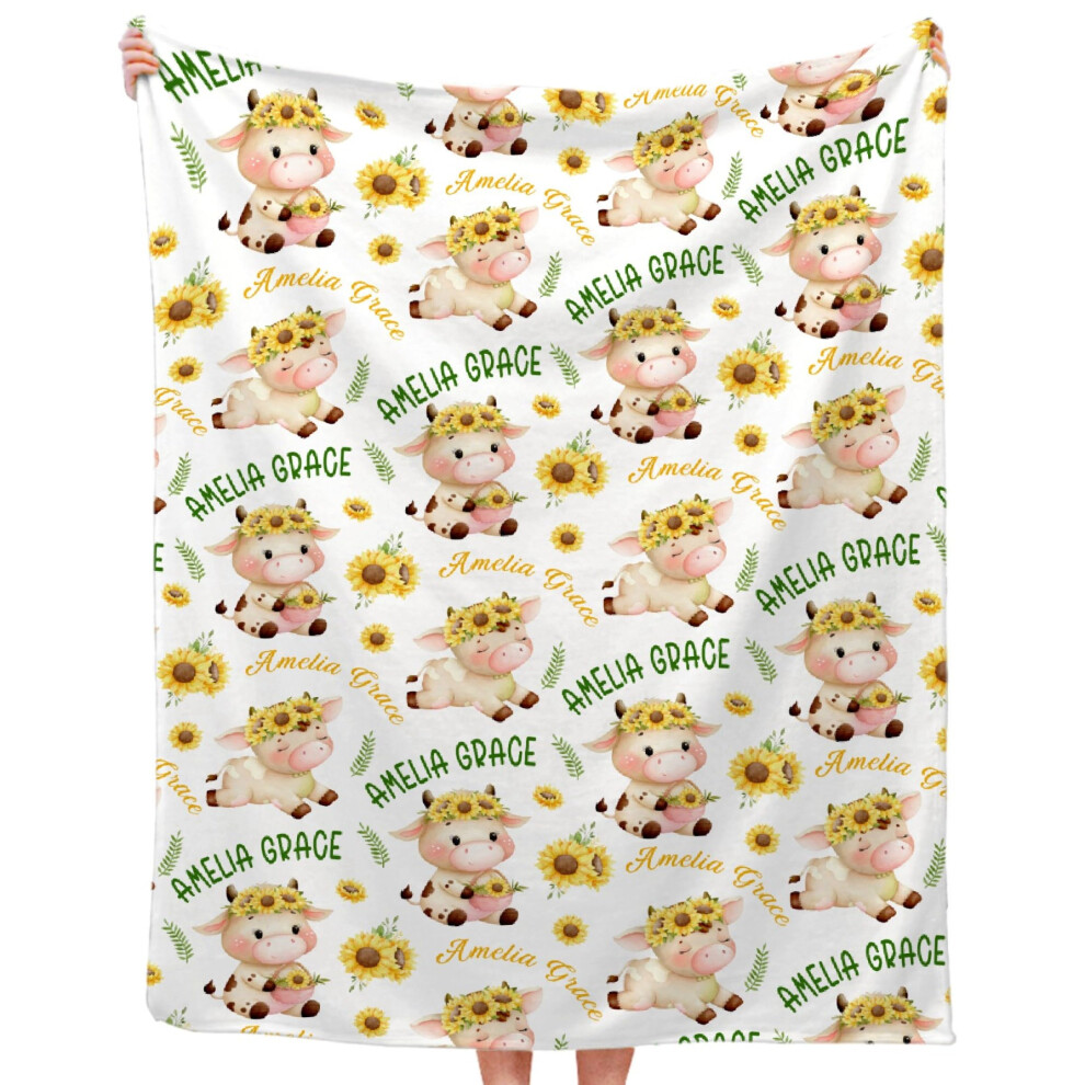 Highland Cow Sunflower Baby Blanket 30x40 Custom Name Super Soft Flannel for Crib or Baby Shower Gift