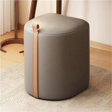 Round PU Leather Ottoman Footrest, Upholstered Vanity Stool with Wooden Legs, Comfortable Cushion, Gray