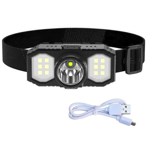 Linterna frontal LED portátil recargable por USB e impermeable.