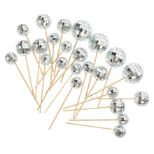 24pcs Disco Cake Toppers Mirror Ball Cupcake Picks Silver Disco Party Decorations Reflective Finish