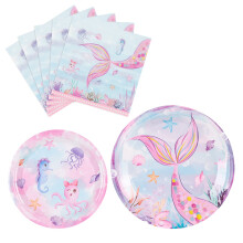 Watercolor Mermaid Party Supplies Set for 16 Guests, Durable Paper Plates and Napkins for Girls Birthday Under the Sea Theme