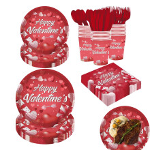 Valentine's Day Party Supplies Red Heart Floral Paper Plates and Napkins Set for Romantic Dinner