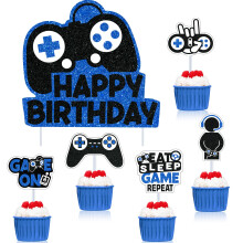 31Pcs Video Game Birthday Party Decorations Set with Gaming Cake Toppers and Controller Backdrop Blue