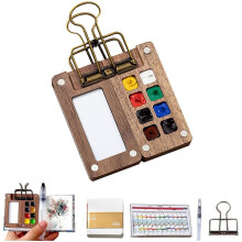 Watercolor Travel Set with Brush Pen and Walnut Palette, Compact 8Grid Paint Kit for Outdoor Sketching