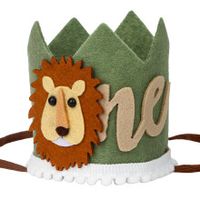 First Birthday Hat for Boys Jungle Lion Design Soft Felt Comfort Cotton Ball Trim Green