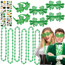 78Pcs St Patrick's Day Accessories and Party Favors Set, Glow In The Dark Shamrock Necklaces, Eyeglasses, Tattoos