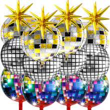 22 Inch 4D Disco Ball Balloons Set, Gold Star Foil Mirror Party Decorations, SelfSealing Reusable