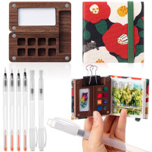 Mini Portable Watercolor Palette Set with Wooden Grid Box Sketchbook and Brush Pens for Travel Painting Artists