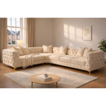 (Cream Velvet, 6 Seater Left Hand) Chesterfield Monaco Corner Sofa Velvet Couch Longue Settee 5 & 6 Seater Corner
