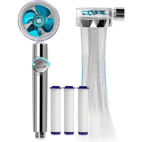 Hand Shower, Water Saving Anti Limescale Shower Head, High Pressure Propeller Shower Head Three Level Filter Filter System with 3 Replaceabl
