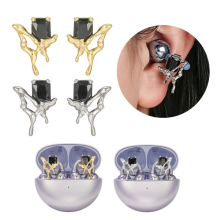 Ear Clips with Black Cubic Zirconia and Butterfly Design, Easy Installation. Free Clip 1 2 Earphones