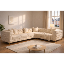 (Cream Velvet, 6 Seater Right Hand) Chesterfield Monaco Corner Sofa Velvet Couch Longue Settee 5 & 6 Seater Corner