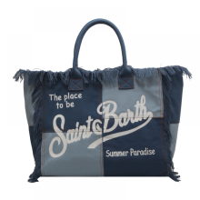 (blu)Borsa da spiaggia di grande capacità con nappina fatta a mano, borsa tote in denim stampato alla moda_SSDLV
