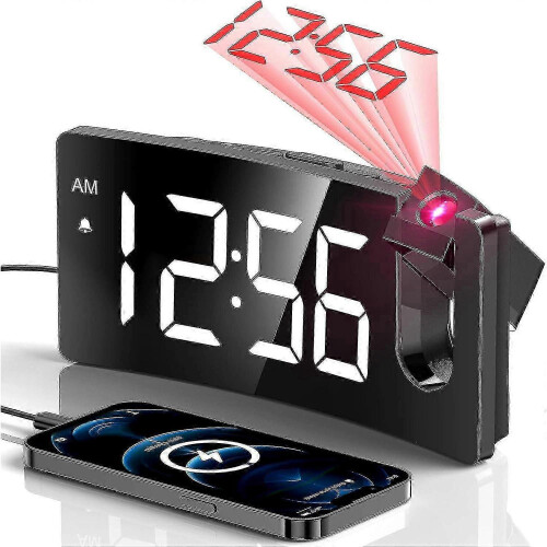 (White Digit) 25-26 Projection Alarm Clock, Digital Clock With 180 Rotatable Projector, 3-level Brightness Dimmer